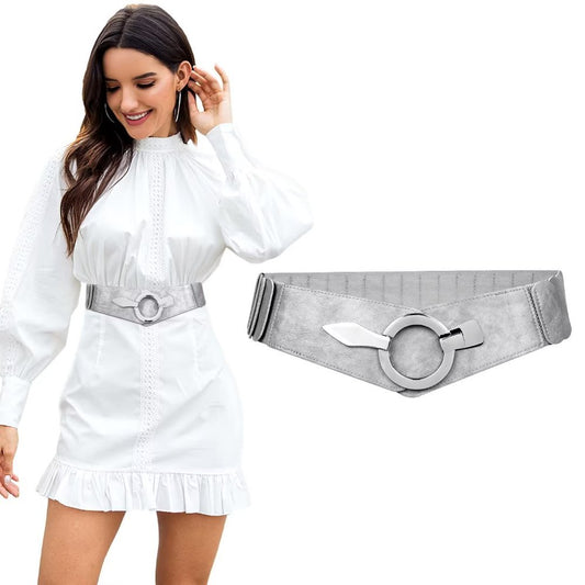 Women Wide Elastic Belt Fashion Vintage Stretch Silver Leather Waist Belts for Dresses