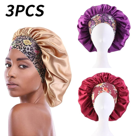 Satin Hair Bonnet 3 Pcs Elastic Wide Band Sleeping Soft Print Caps for Women Multicolor for Long Curly Natural Hair Big Capacity(Purple)